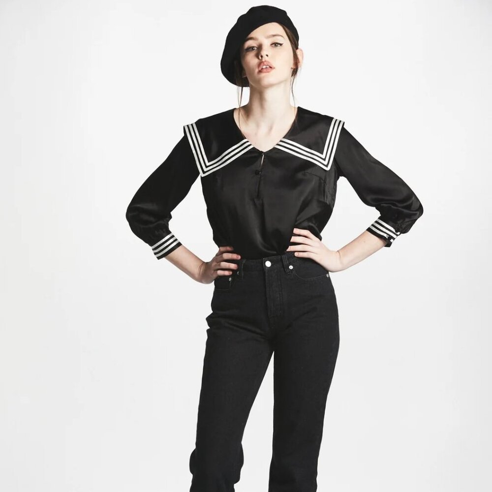 L'école Des Femmes Silk Sailor Top, Black, Sz. M